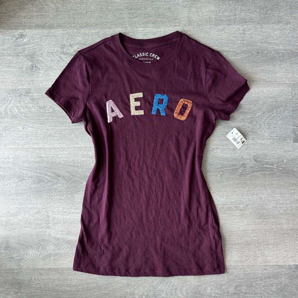 Y2K Aeropostale Sequins Women's Short Sleeve Tee in burgundy